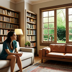 **A therapist's office with a comfortable couch, bookshelves filled with psychology books, and a window looking out onto a peaceful garden. A person is sitting on the couch, talking to a therapist who is listening attentively. Focus on creating a safe and empathetic atmosphere.**
