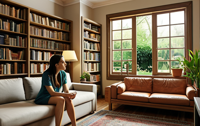 **A therapist's office with a comfortable couch, bookshelves filled with psychology books, and a window looking out onto a peaceful garden. A person is sitting on the couch, talking to a therapist who is listening attentively. Focus on creating a safe and empathetic atmosphere.**