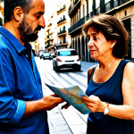 Empathetic Interaction**

"A kind person helping a lost tourist with a map in a bustling Barcelona street, fully clothed, appropriate attire, safe for work, showing empathy and helpfulness, natural body proportions, professional photography, high quality, family-friendly."

**
