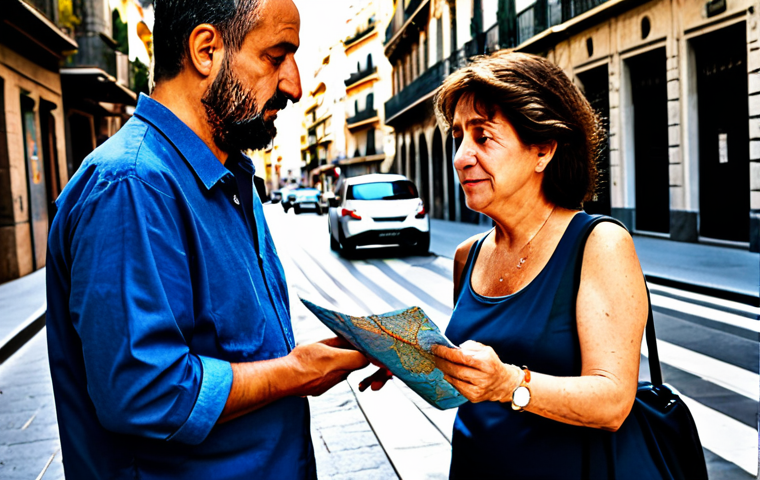 Empathetic Interaction**
"A kind person helping a lost tourist with a map in a bustling Barcelona street, fully clothed, appropriate attire, safe for work, showing empathy and helpfulness, natural body proportions, professional photography, high quality, family-friendly."
**