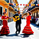 **

"A vibrant street scene in Seville, Spain, during the Feria de Abril. Women in traditional flamenco dresses (trajes de flamenca) with intricate details and colorful flowers in their hair are dancing and laughing. Men are dressed in traje corto, some playing guitars. Casitas are decorated with lanterns and garlands. Capture the joyful atmosphere, the Andalusian sun, and the energy of the celebration. High resolution, professional photography."

**