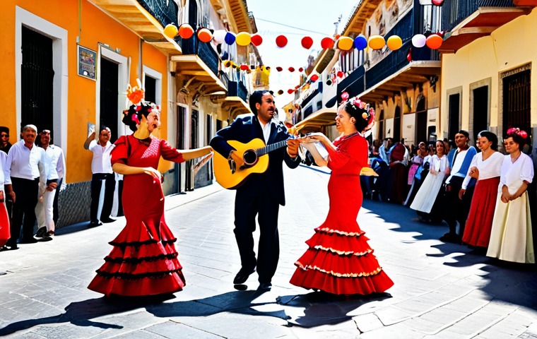 **
"A vibrant street scene in Seville, Spain, during the Feria de Abril. Women in traditional flamenco dresses (trajes de flamenca) with intricate details and colorful flowers in their hair are dancing and laughing. Men are dressed in traje corto, some playing guitars. Casitas are decorated with lanterns and garlands. Capture the joyful atmosphere, the Andalusian sun, and the energy of the celebration. High resolution, professional photography."
**