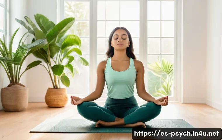 심리학 연구 성과 - A serene scene of a young Hispanic woman practicing mindfulness meditation in a bright, cozy living ...