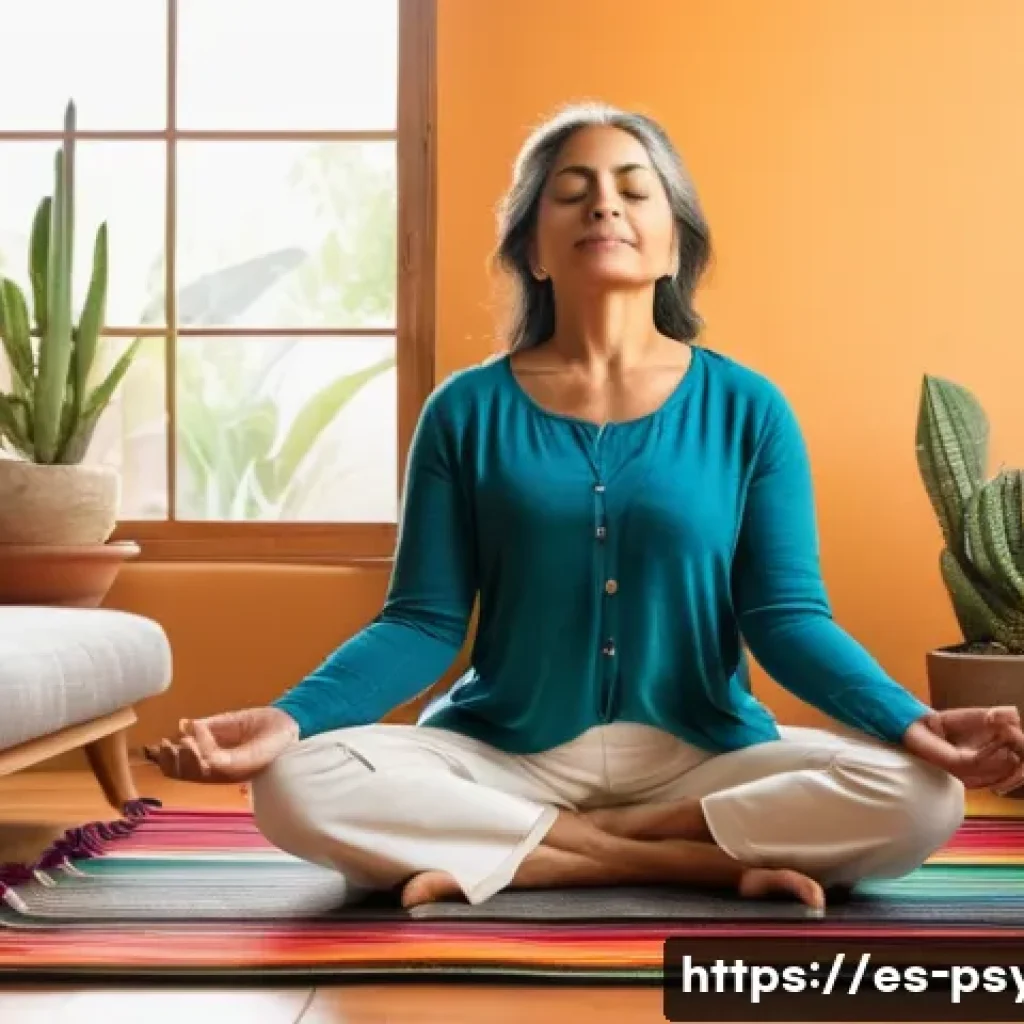 심리학적 사고 - A serene indoor scene showing a middle-aged Hispanic woman practicing mindfulness meditation in a br...