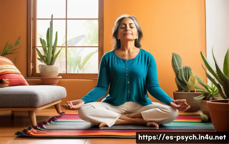 심리학적 사고 - A serene indoor scene showing a middle-aged Hispanic woman practicing mindfulness meditation in a br...