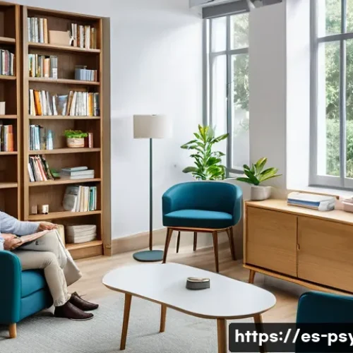 심리학 직업별 역할 - A warm and inviting clinical psychology therapy room set in a modern Spanish healthcare center, feat...