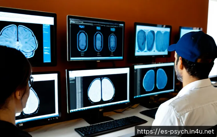 심리학 최신 연구 - Photorealistic contemporary psychology research lab in Madrid, Spain, diverse adult researchers revi...